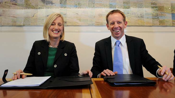 ACT Chief Minister Katy Gallagher and Shane Rattenbury yesterday. Photo: Colleen Petch