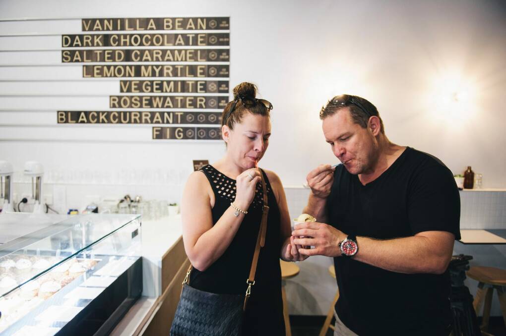  Kate Alston and Danny Suggate of Braddon taste the Vegemite ice cream at the Frugii Dessert Laboratory in Braddon.  Photo: Rohan Thomson