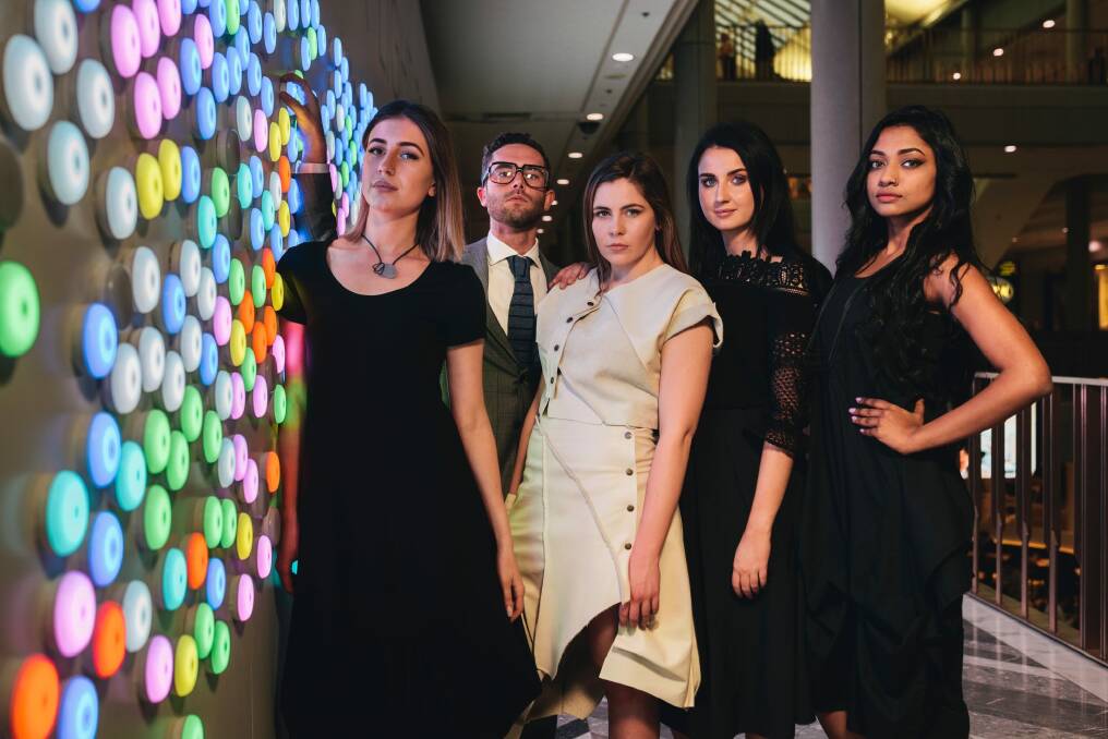 Models Tessa Mues, Lym Garratt, Nicola Button, Lauren Cribb, and Sadia Nabila modelling fashion from Fashfest at Canberra Centre stores. Photo: Rohan Thomson