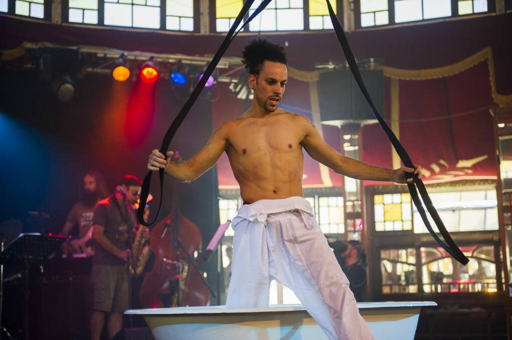 Omar Cortes warms up at a media preview of the Famous Spiegeltent. Photo: Rohan Thomson