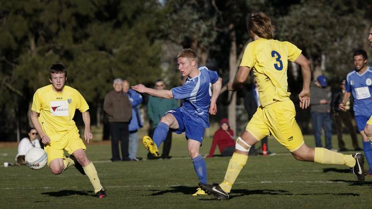Canberra Olympic's Oliver Weiderkehr takes a shot at goal. Photo: Jeffrey Chan
