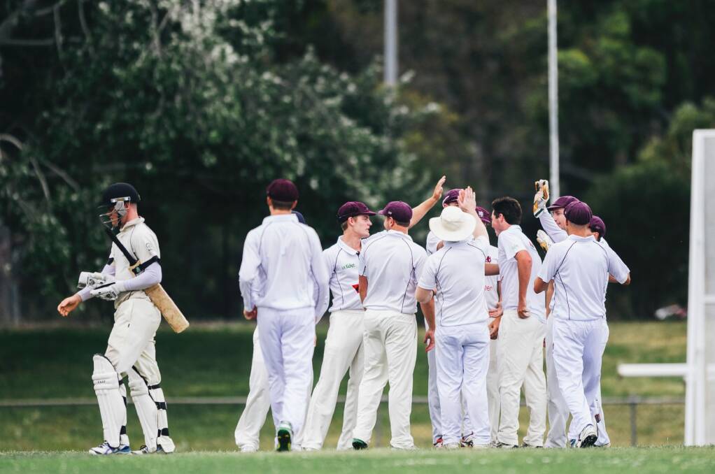 Wests UC vs ANU at Jamison Oval. Wests UC celebrate getting Owen Chivers out. Photo: Rohan Thomson