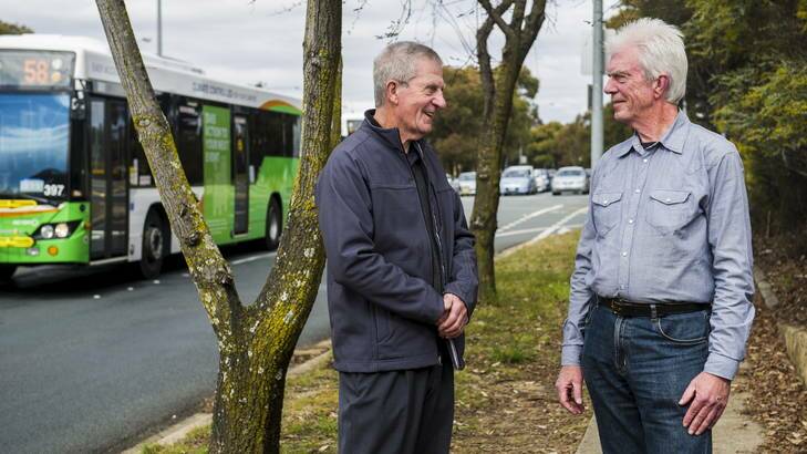 Terry Ross and Peter Donnellan at the site of a bus crash 30 years on. Photo: Rohan Thomson