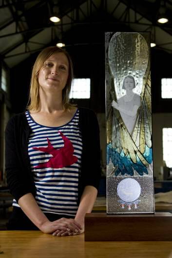 Glass artist Ruth Oliphant her small scale creation of centenary, War Widows window  that will one day go into the Services Club. Photo: Jay Cronan