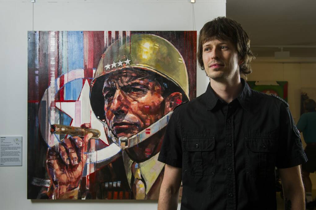 Arthur Roman Piwko (AKA Pic Poc) with his painting of Tony Abbott titled  'Sir, Yes Sir' in the Bald Archies. Photo: Rohan Thomson
