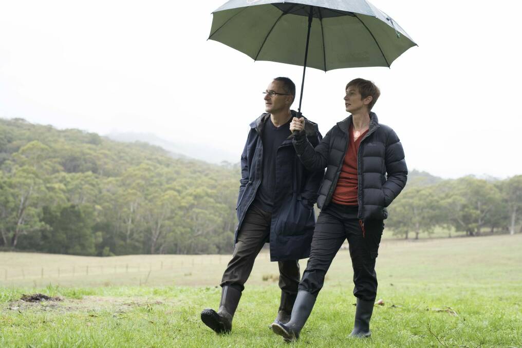 Richard Di Natale and his wife, Lucy Quarterman, on their farm. Photo: Damien Pleming