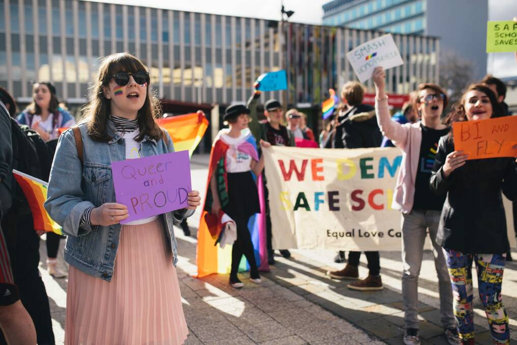 Supporters of the Safe Schools program were loud and proud in Civic Square. Photo: Rohan Thomson