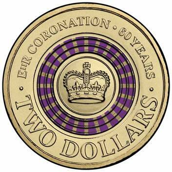 The new purple striped $2 coin commemorating the Queen's coronation 60th anniversary. Photo: Supplied