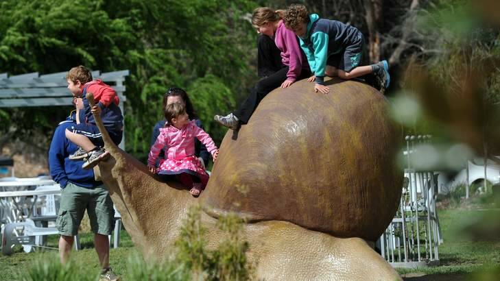 Children play on a large snail in the sensory garden. Photo: Graham Tidy