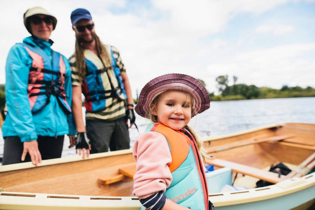 Michelle Fischer, Galen Ashley and their daughter Maleah Ashley, 3, enjoying a day on Lake Burley Griffin. Photo: Rohan Thomson
