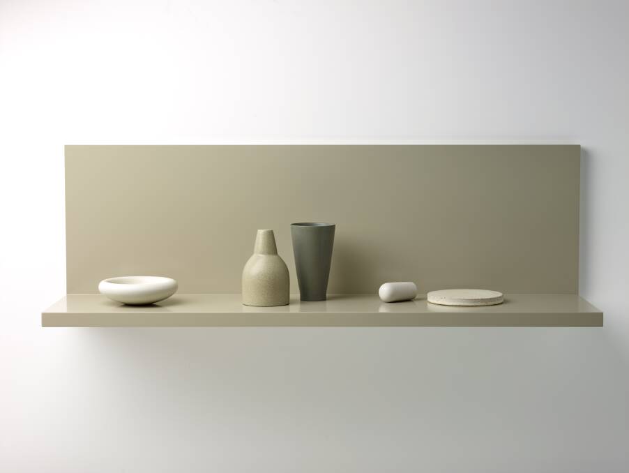Kelly Austin - 'Stilled composition 29', stoneware with glaze, 38 x 120 x 32cm, five pieces with timber shelf. Photo: Peter Whyte
