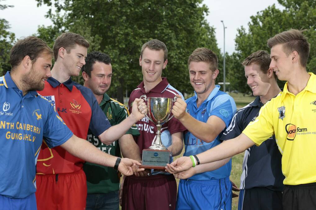 Eyes on the prize: from left, Joe Leach of North Canberra Gungahlin; Gareth Wade of Tuggeranong; Mick Delaney of Weston Creek; Brendan Duffy of Wests-UC; Sam Taylor of Queanbeyan; Scott Murn of ANU; and Ross Pawson of Ginninderra. Photo: Jeffrey Chan
