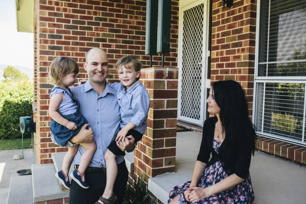 Independent candidate for Tuggeranong Joel McKay at home with his family, Trudie Hargrave, Logan, 4, and Shara, 2. 
 Photo: Rohan Thomson