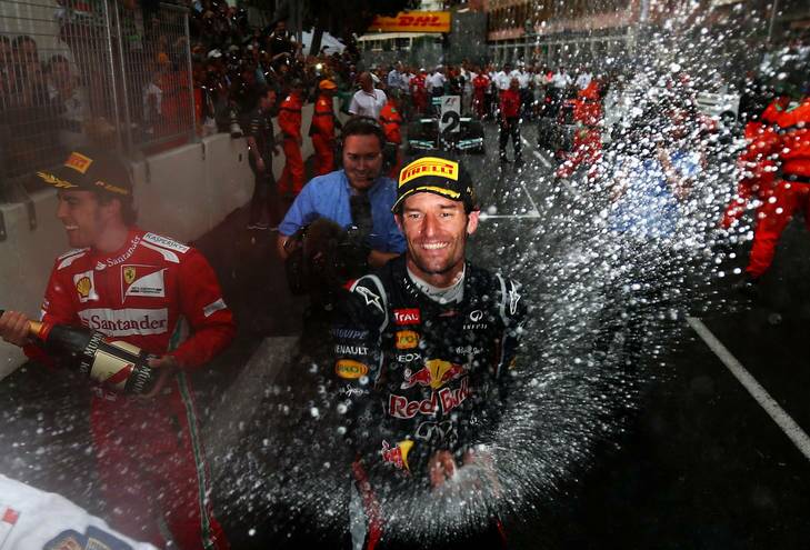 Mark Webber of Australia and Red Bull Racing celebrates winning the Monaco Formula One Grand Prix. Photo: Paul Gilham