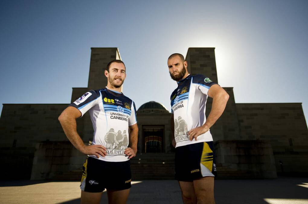Nic White and Scott Fardy wear last year's ANZAC jersey. Photo: Jay Cronan