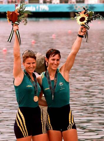 Australia's Megan Still, right, and Kate Slatter after wining the gold medal in the women's coxless pair at the Atlanta Olympics.