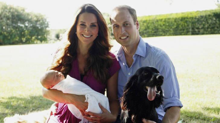 In this handout image provided by Kensington Palace, Catherine, Duchess of Cambridge and Prince William, Duke of Cambridge pose for a photograph with their son, Prince George Alexander Louis of Cambridge.