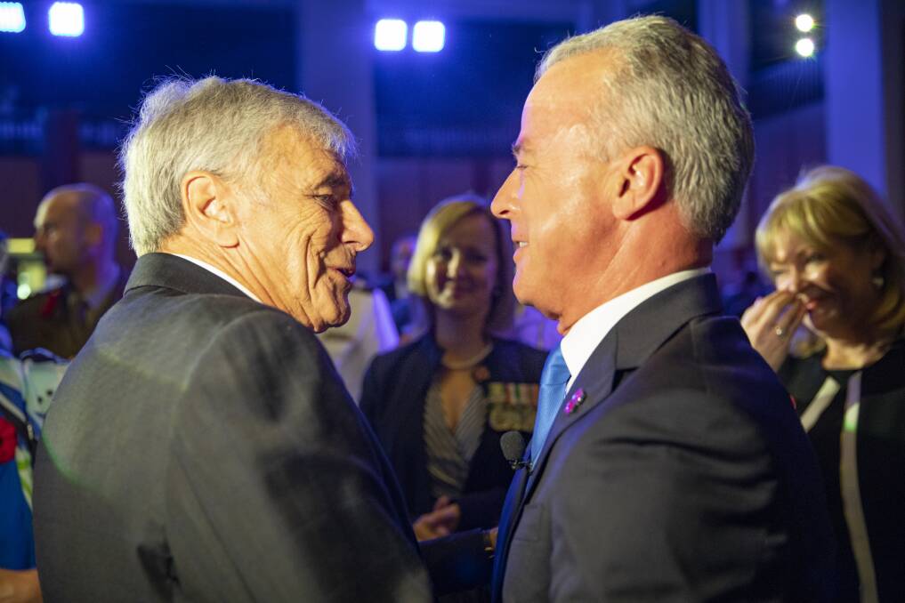 Kerry Stokes and Brendan Nelson greet each other at the redevelopment launch. Photo: Sitthixay Ditthavong