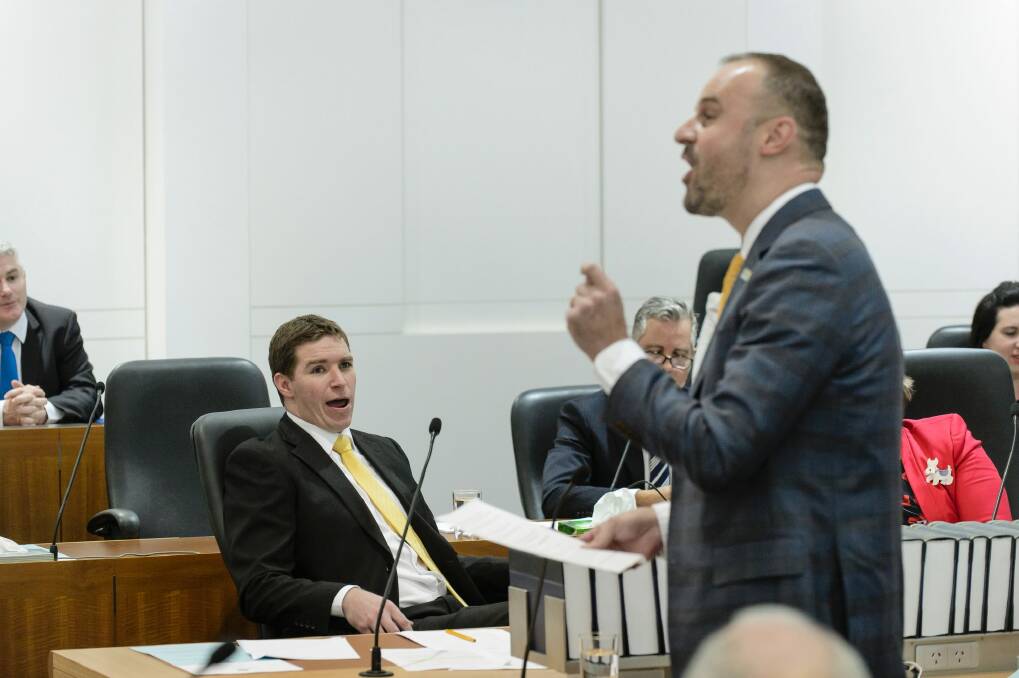 Opposition leader Alistair Coe and Chief Minister Andrew Barr in the chamber of the ACT Legislative Assembly last year.  Photo: Sitthixay Ditthavong