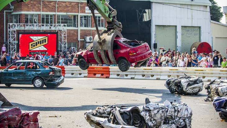 Car crushing at Spin at the Tams Depot in Fyshwick. Photo: Rohan Thomson