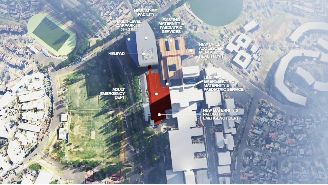 A plan of Labor's promised expansion of the Canberra Hospital, with a new "SPIRE Centre" at the Kitchener Street end of the campus.