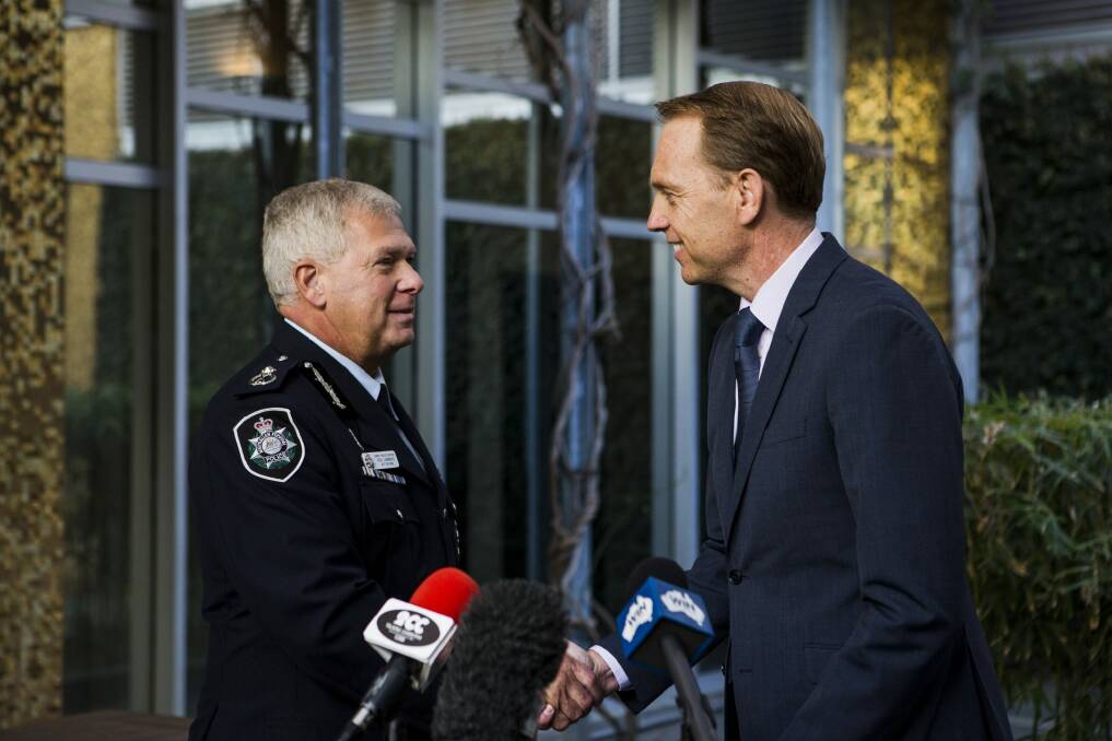 This year's police purchase agreement was the last for both ACT chief police officer Rudi Lammers and Police Minister Simon Corbell.  Photo: Jamila Toderas
