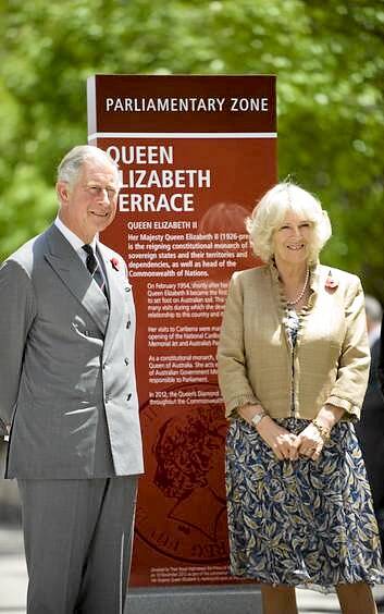 Charles, Prince of Wales and Camilla, Duchess of Cornwall  unveil a plaque during the naming of Queen Elizabeth Terrace. Photo: Elesa Lee