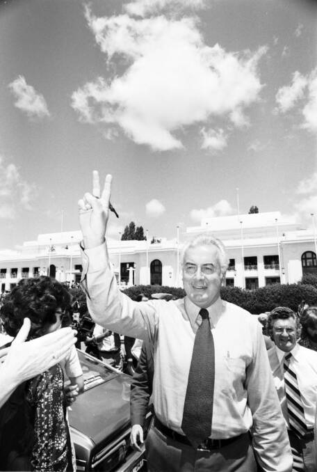 Remember when: Gough Whitlam with Bob Hawke at a rally outside Parliament House in Canberra in 1975.  Photo: George Lipman