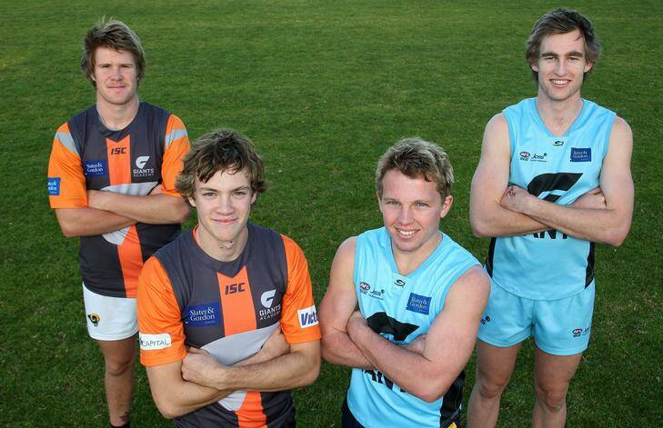 Under-18s NSW-ACT Rams squad members, from left, Jedd Clothier, Lachlan Harper, Sam Jensen and Liam Flaherty at Giants Academy training at Phillip Oval. Photo: Jeffrey Chan