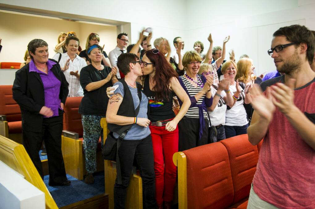 The couple featured on the front page of <i>The Canberra Times </i> when same-sex marriage legislation was passed. Photo: Rohan Thomson