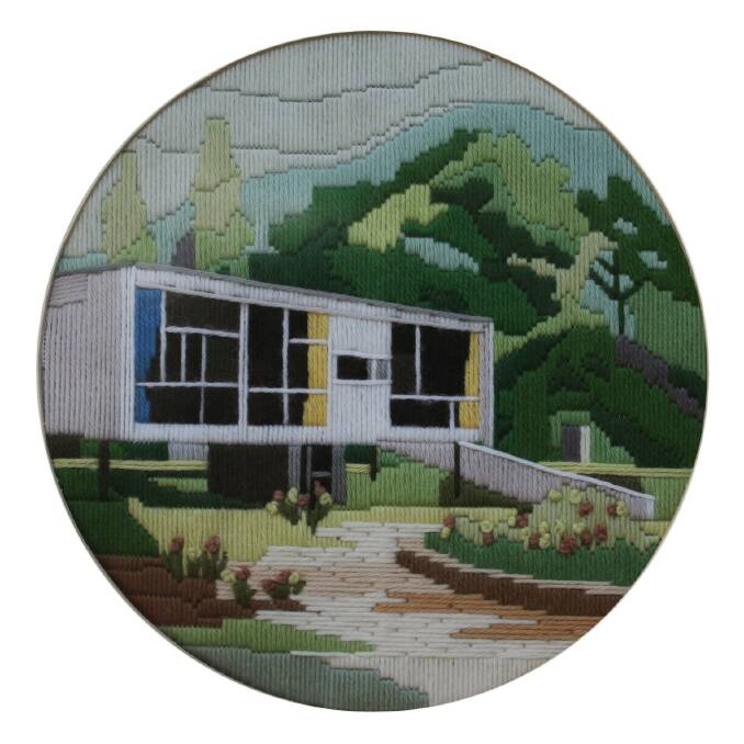Matthew de Moiser's Rose Seidler House is one of four long-stitch embroidered images depicting modernist architecture.  It is part of the  Thoroughly Modern exhibition at Canberra Contemporary Art Space. Photo: supplied