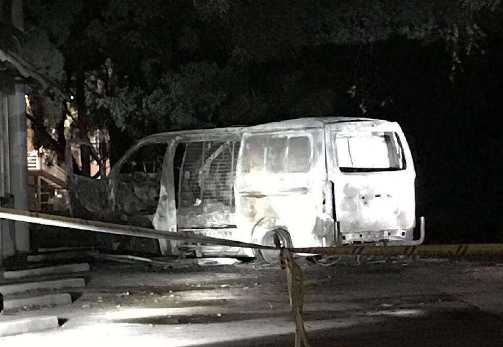 The van that drove into the Australian Christian Lobby's headquarters and exploded in Canberra. Photo: Twitter/@LyleShelton