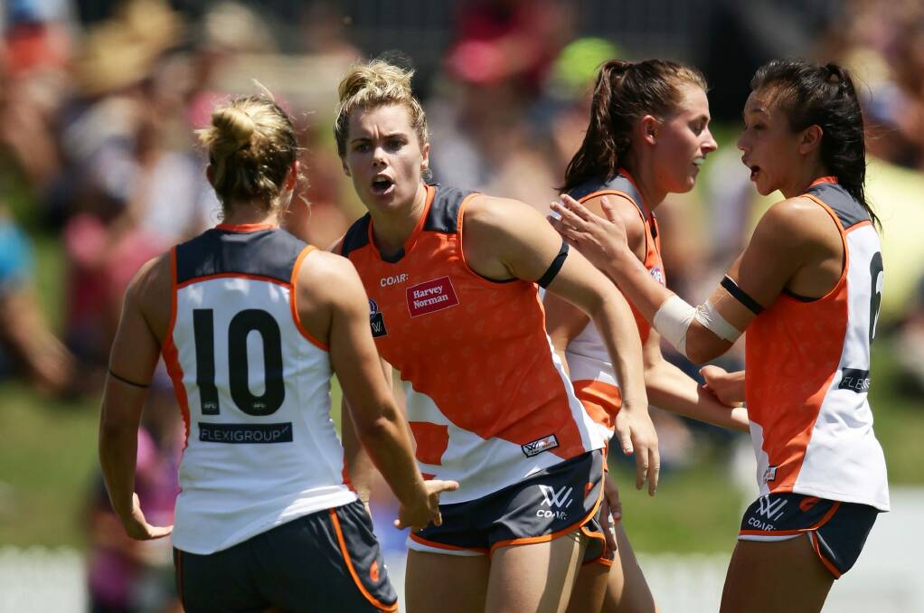 Ban: Jacinda Barclay of the Giants celebrates a goal during the round three draw with Fremantle. Photo: Matt King