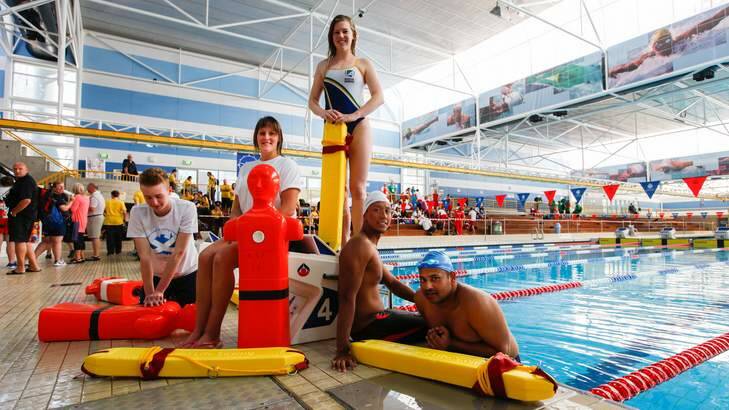 Commonwealth Lifesaving Championships at the AIS, Canberra. Left: Steven Tweeddale, 17 from Scotland, Nicola Beirne, 26 from Northern Ireland, Pamela Hendry, 22 from Australia, Hisham Kamsani, 26 from Singapore and Tarum Murugesh, 24 from India. Photo: Katherine Griffiths