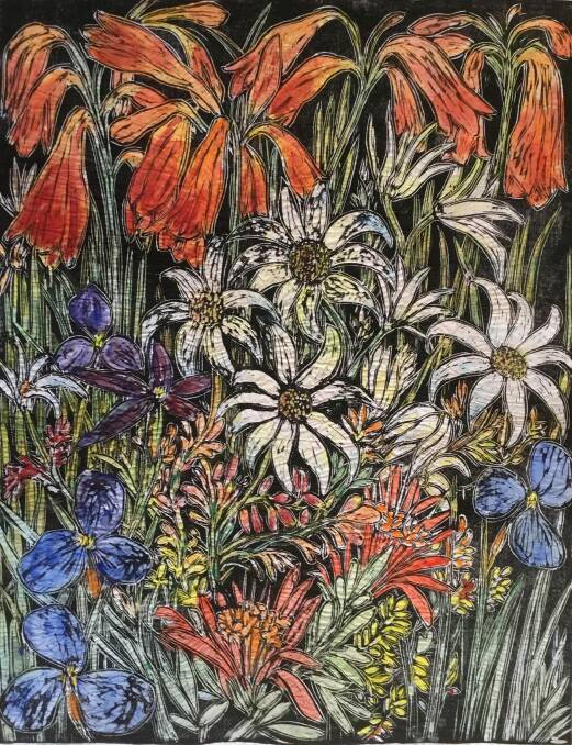 Salvatore Zofrea, Christmas bells flannel flowers and native irises, 2008, in?Watercolours and woodcuts at Nancy Sever Gallery. Photo: Supplied