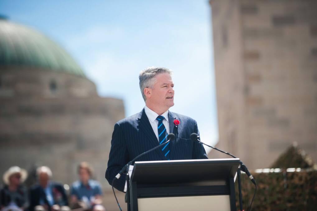 Finance Minister Mathias Cormann delivers the commemorative address at the War Memorial. Photo: Dion Georgopoulos