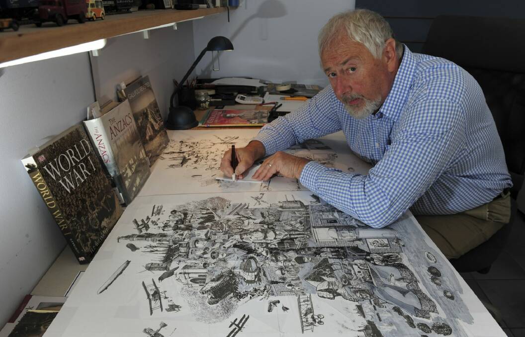 Jim Kaucz works on the pen and ink poster depicting scenes from World War I to commemorate the Gallipoli centenary. Photo: Graham Tidy
