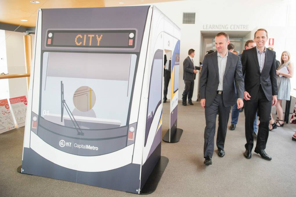 ACT Chief Minister Andrew Barr and Capital Metro Minister Simon Corbell launch the consultation on light rail designs. Photo: Jay Cronan