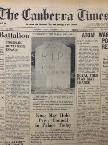 HISTORIC MARKER: The Canberra Times coverage on October 5, 1951, of the tombstone erected by unknown persons in protest against the federal budget handed down by then treasurer Arthur Fadden.