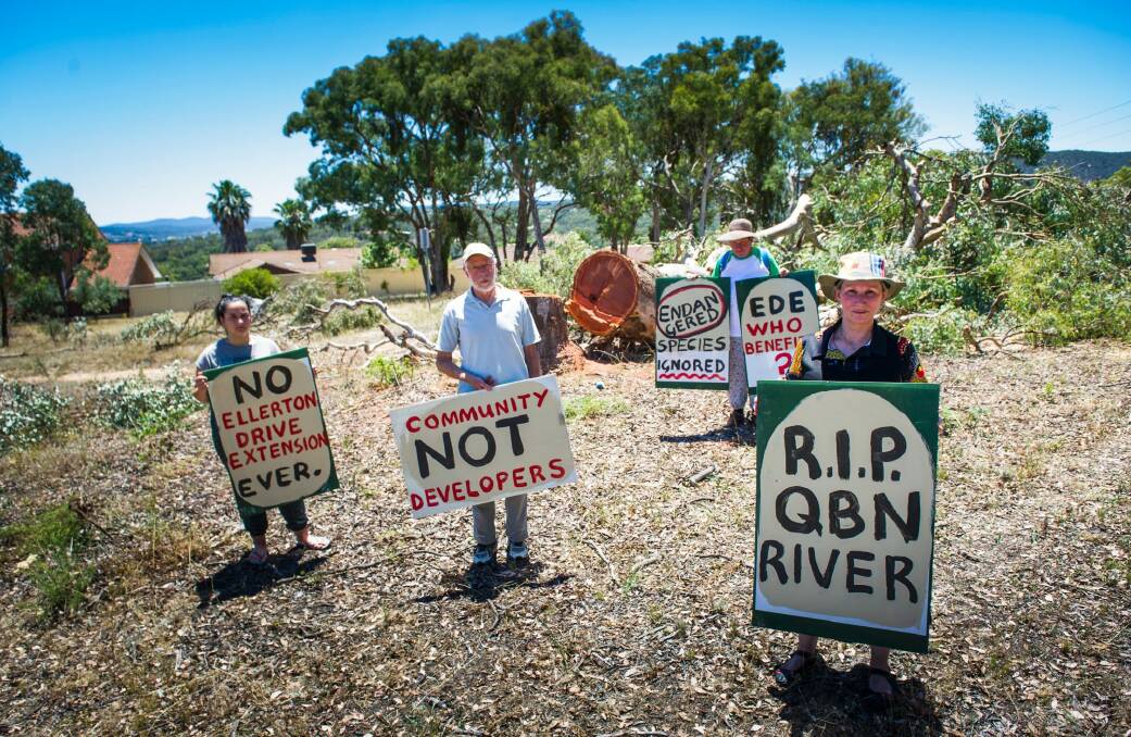 Protesters on Thursday gathered at the scene of tree-clearing for the Ellerton Drive Extension in Queanbeyan (l-r)Felicity Gare of Karabar, Frank Briggs of Queanbeyan East, Annette Schneider of Burra and Asha Gare of Karabar. Photo: Elesa Kurtz
