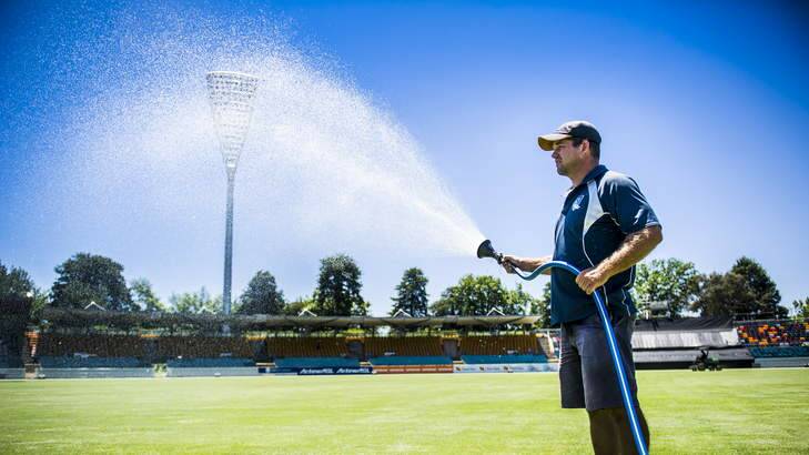 Brad Bandam, Head curator at Manuka Oval waters the pitch before the PM's XI. Photo: Rohan Thomson
