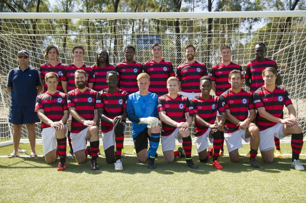 Woden-Weston FC wearing their new red and black jersey before playing in a pre-season game against ANU in the State League. Photo: Jay Cronan