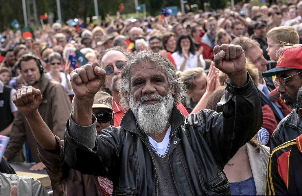 Reg Edwards on the lawns in front of Old Parliament House during Kevin Rudd's apology in 2008. Photo: Justin McManus
