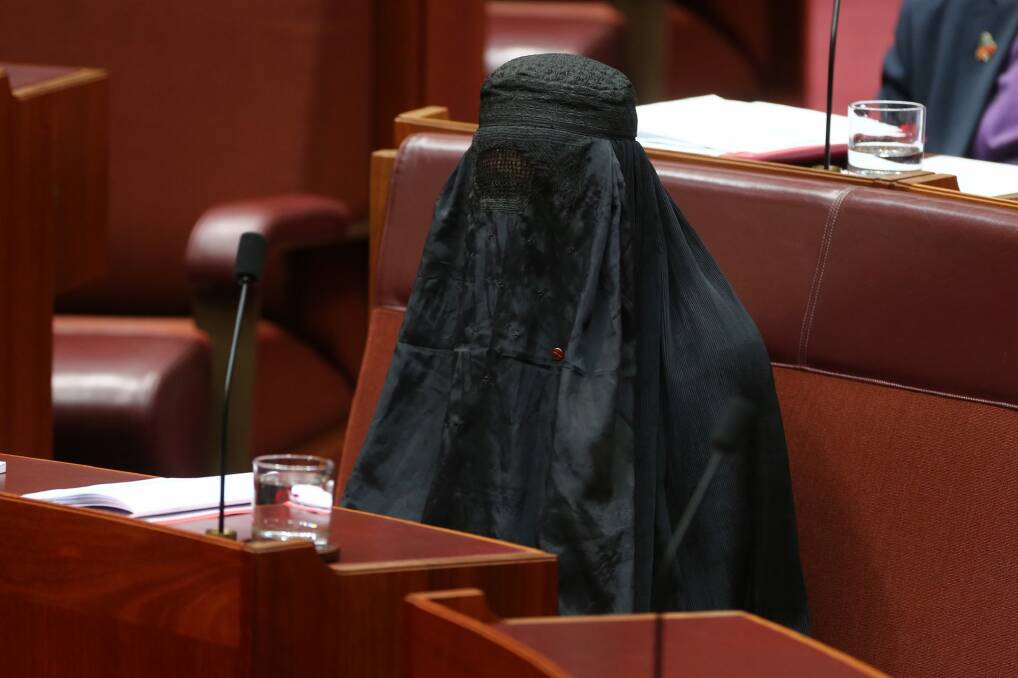 Senator Pauline Hanson wearing a burqa during question time in the Senate. Photo: Alex Ellinghausen