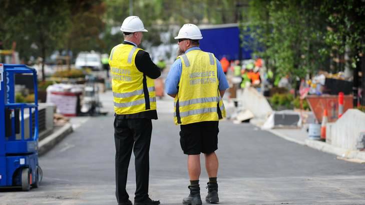 Workplace safety officers made a surprise visit to the Nishi building site on Wednesday, December 5 ...  Industry inspectors will be out in force on Canberra's building sites on Tuesday. Photo: Karleen Minney