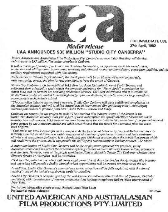 UAA Media Release announcing Studio City Canberra dated 27th April 1982. Photo: Heritage ACT
