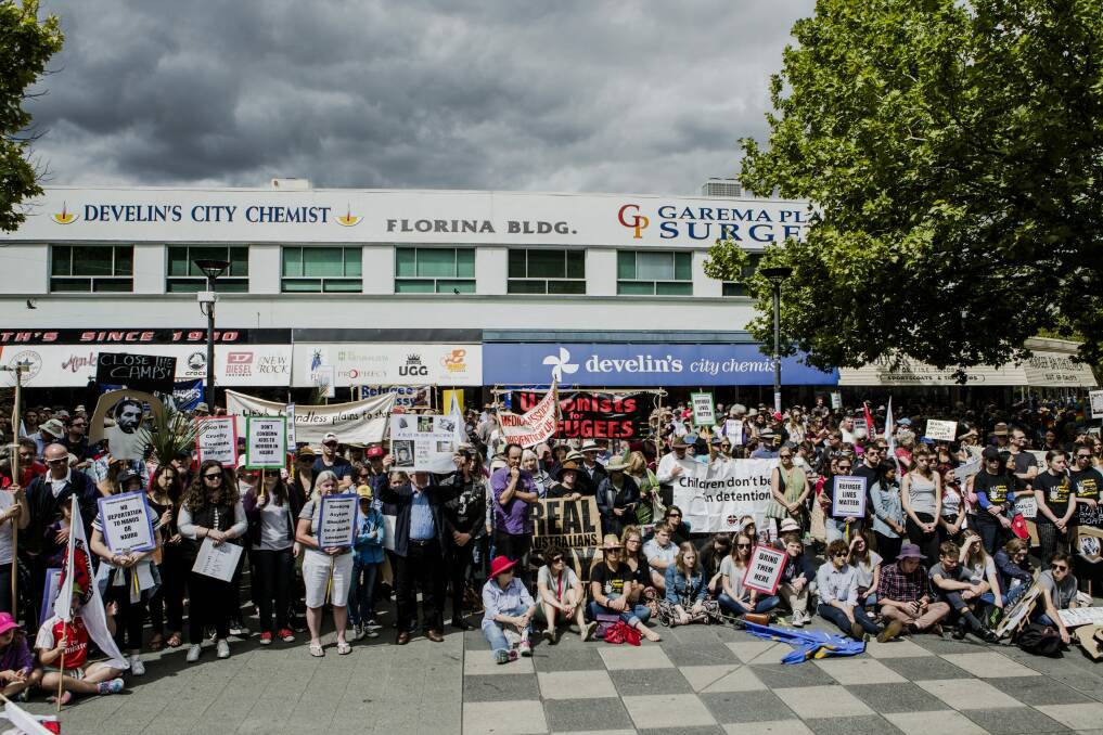 Thousands of Canberrans have rallied at Garema Place in support of refugees. Photo: Jamila Toderas