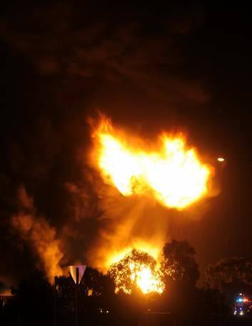 A huge fireball at the factory fire. Photo: Graham Tidy