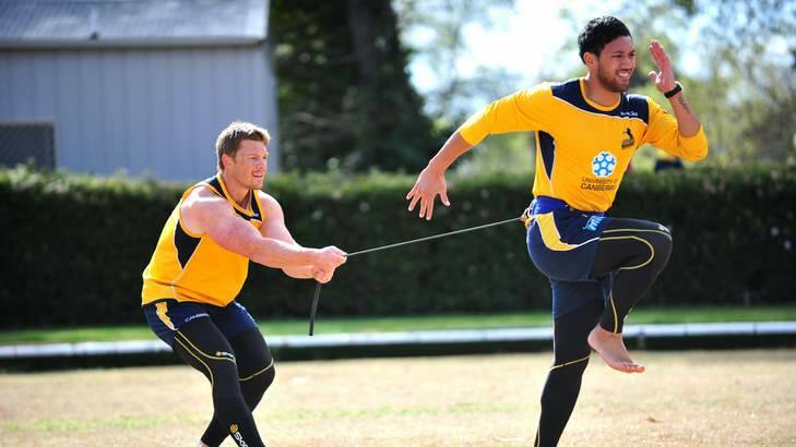 Christian Lealiifano trains with Clyde Rathbone during the Brumbies' pre-season. Photo: Karleen Minney