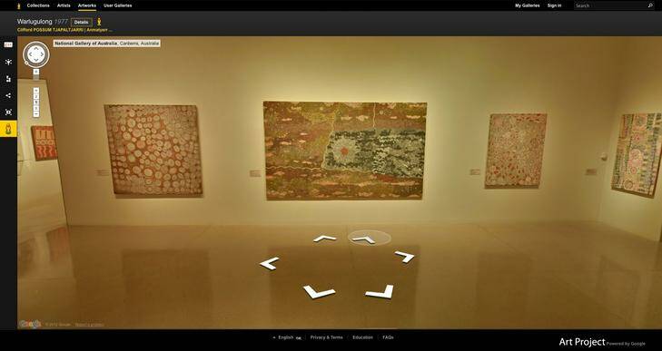 Screenshot of Google Art Project showing the gallery view of Warlugulong by Clifford Possum Tjapaltjarri 1977 as seen on the walls of the National Gallery of Australia